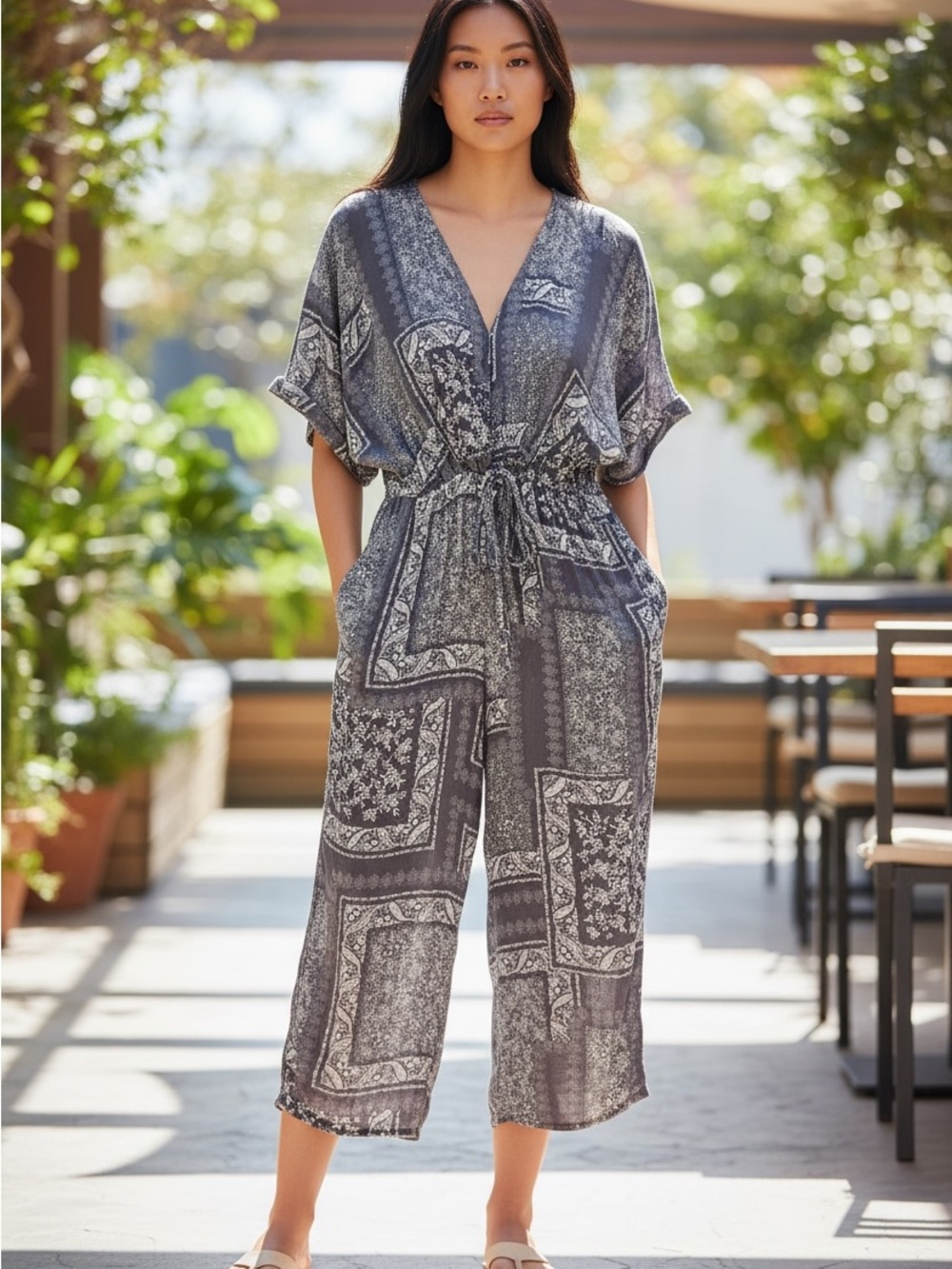 Dress Forum Gray Patchwork V-Neck Cinch-Waist Jumpsuit